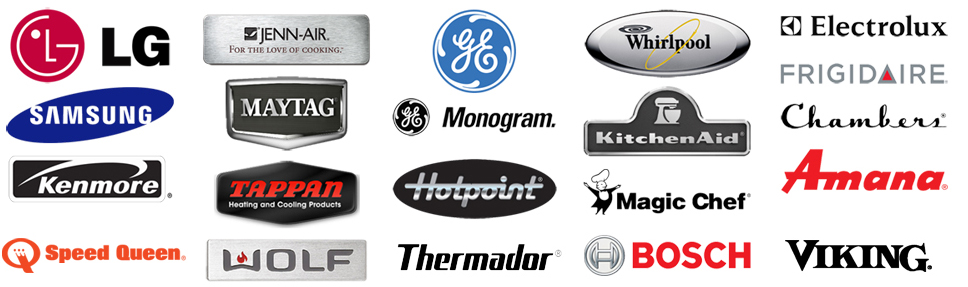 A collection of appliance brand logos including LG, Jenn-Air, GE, Whirlpool, Electrolux, Frigidaire, Chambers, Samsung, Maytag, GE Monogram, KitchenAid, Kenmore, Tappan, Hotpoint, Magic Chef, Amana, Speed Queen, Wolf, Thermador, Bosch and Viking