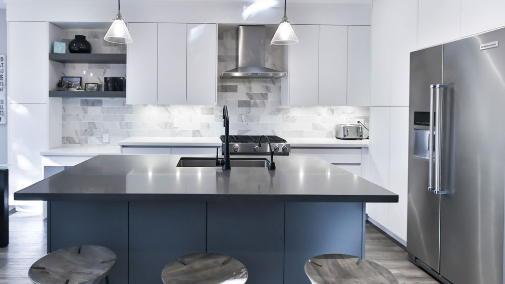 Kitchen with a large KitchenAid refrigerator